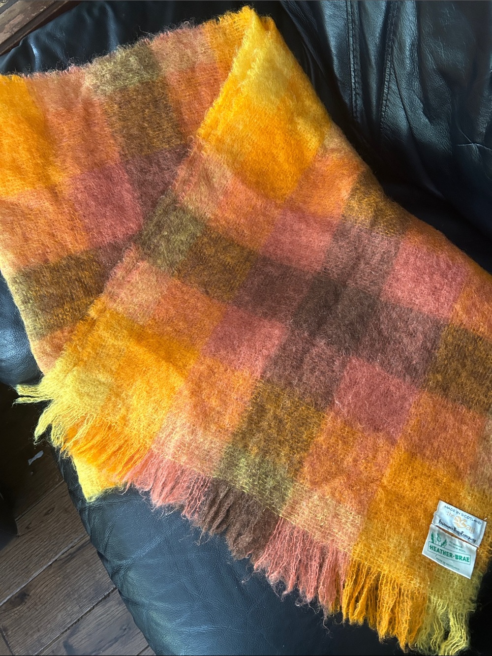 Vintage Heather -Brea Hudson’s Bay Plaid Fringe Throw Blanket in Orange Tones